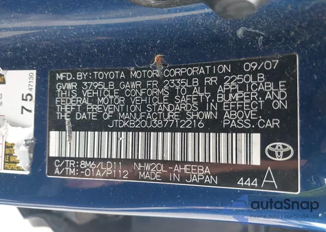 2008 Toyota Prius from USA, damaged, VIN JTDKB20U387712216